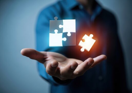Man s hand holding glowing puzzle pieces representing connection and solutions