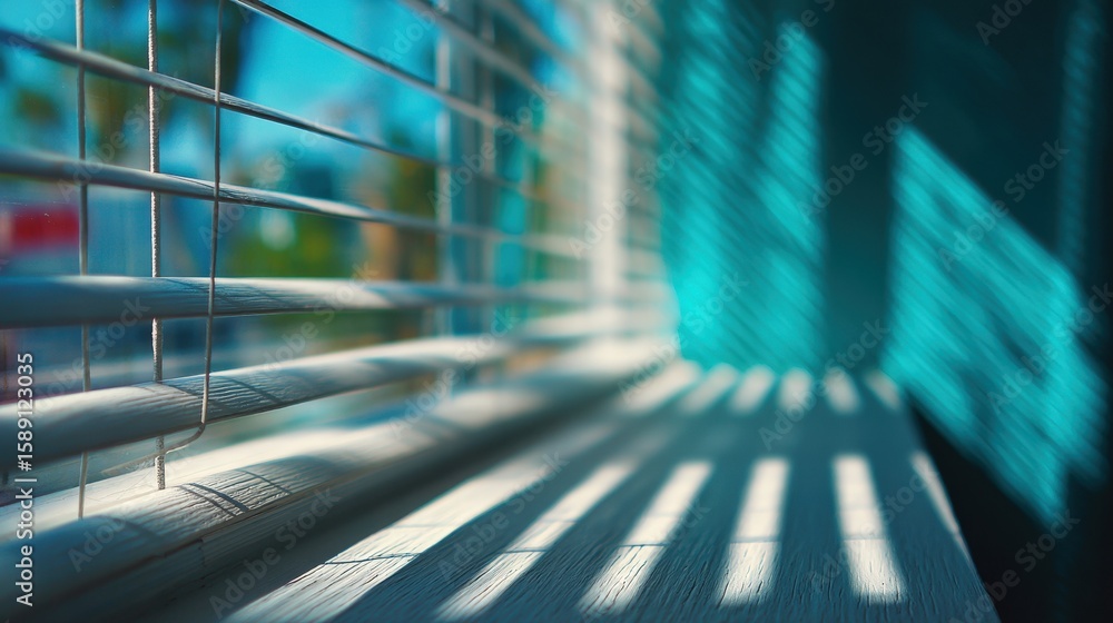 Poster sunlight streams through partially opened blinds, casting striped shadows on a wooden windowsill in 