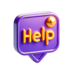 3D Chat Bubble Icon with Help Text and golden bell in Plastic Style, Isolated on Transparent Background