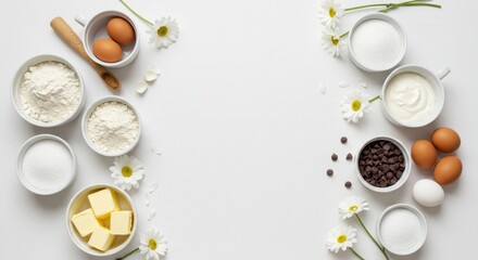 Elegant White Flatlay Showcasing Fresh Baking Ingredients with Charming Daisies