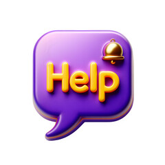 3D Chat Bubble Icon with Help Text and golden bell in Plastic Style, Isolated on Transparent Background