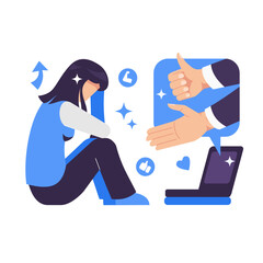 Online psychological support concept. Sad and depressed young woman sitting while receiving support and encouragement. Positive comments illustration.