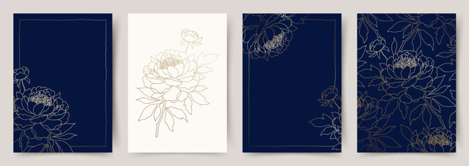 Luxury floral background set in blue with golden floral pattern in line art style. Nature frame. Hand drawn vector illustration for greeting card, wedding invitation, save the date, print, cover