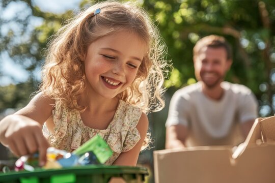 Happy child putting plastic waste in recycling bin with father in background