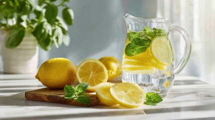 Fototapeta premium Refreshing Lemon Water with Sliced Lemons and Mint Leaves in Glass Pitcher.