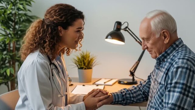 Caring female doctor provides comfort and support to a senior male patient during a medical consultation, emphasizing empathy and trust in healthcare.