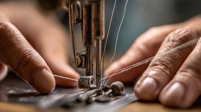 Close-up of hands operating a vintage sewing machine with detailed stitching process.