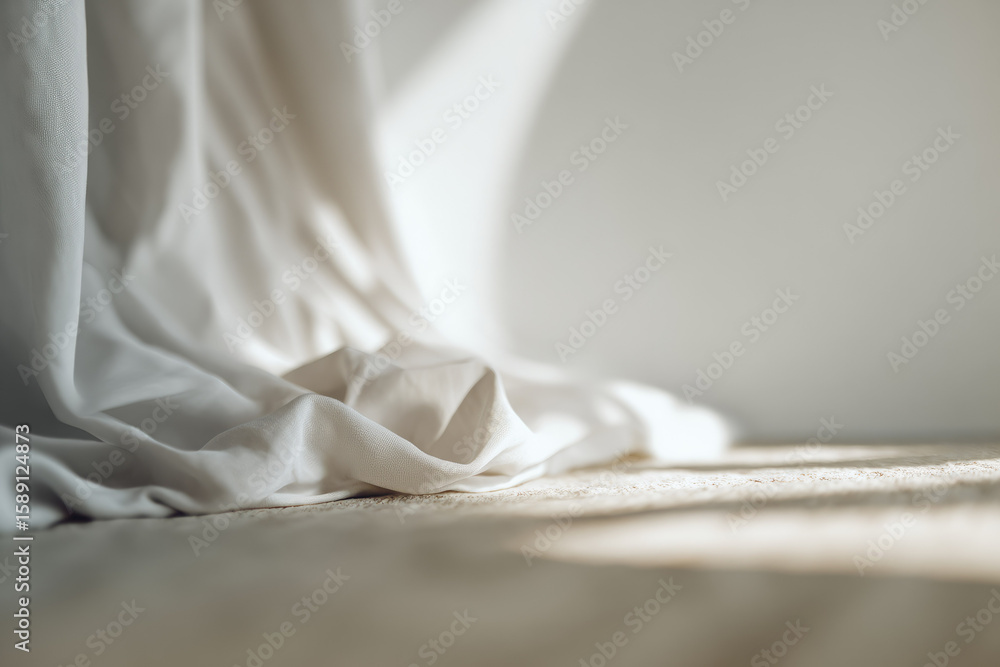 Poster soft white fabric draped on linen surface with gentle sunlight and blurred glass panel casting subtl