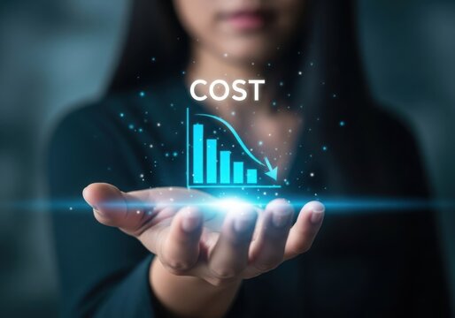 Person displaying a glowing blue graph showing decreasing costs with a downward arrow