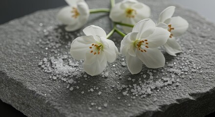 Delicate White Blossoms and Sparkling Salt Crystals on Textured Gray Stone