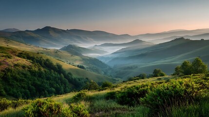 Fototapeta premium Serene Misty Mountain Valley Sunrise With Lush Green Rolling Hills