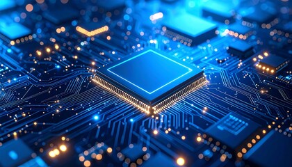Obraz premium Close-up of a glowing circuit board with a central processor chip