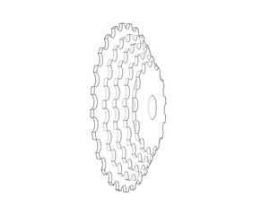 Bicycle Cassette Technical Wireframe Drawing: Precision Line Art Illustration of Bike Sprockets. Monochrome Engineering Blueprint for Cycling Drivetrain System Design Concept.