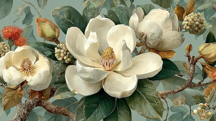 Detailed floral illustration of magnolia blossoms and foliage on a light teal background.