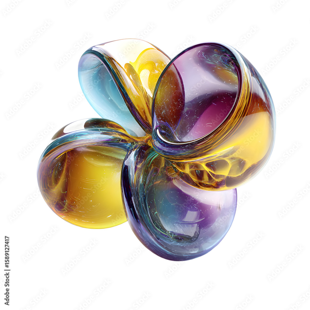 Poster a captivating abstract render showcasing four iridescent glass spheres interlinked on a stark black 