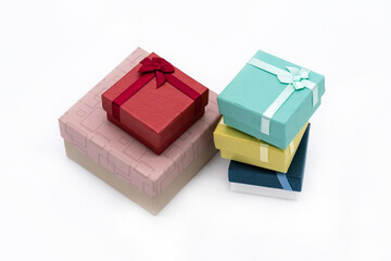 stack of gift box on isolated background, birthday gift with bow
