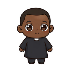 Cute Black Skinned Priest Cartoon Isolated Blue Background