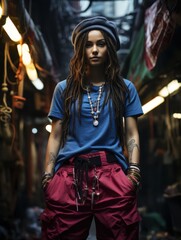 Stylish woman with dreadlocks in a vibrant urban alleyway.