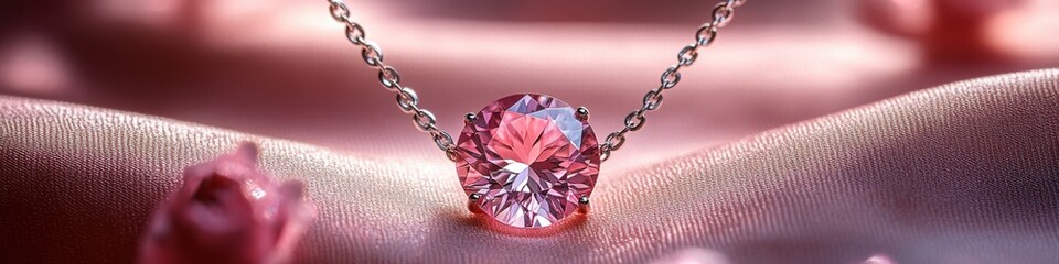 Elegant pink gemstone necklace on luxurious satin fabric.