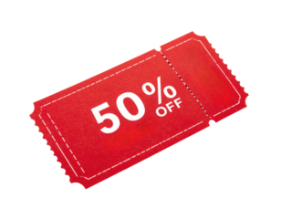 A red ticket displaying "50% OFF" in bold white text, indicating a discount or promotional offer.