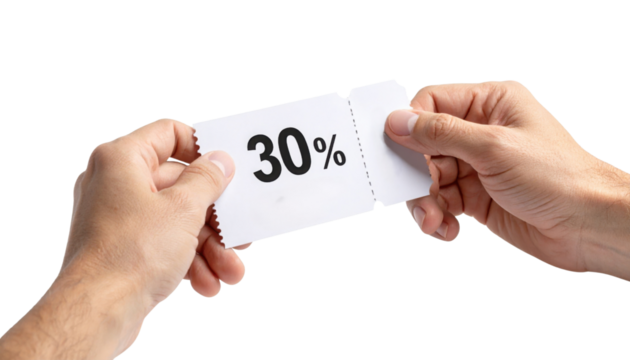 A pair of hands holding a white ticket displaying "30%" against a black background.