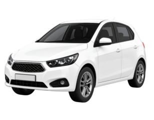 A modern white compact hatchback car with sleek headlights and alloy wheels viewed from the front-side angle.