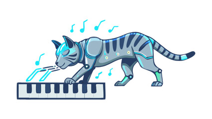 Obraz premium Robotic cat playing piano keyboard music notes artistic illustration digital art pet animal feline musician