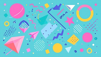 Abstract Memphis Style Composition with Colorful Geometric Shapes on a Teal Background