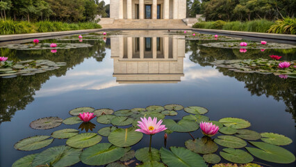 Cultural temple  Reflected in Water concept. Serene water lilies reflect a grand building, creating a tranquil garden scene.