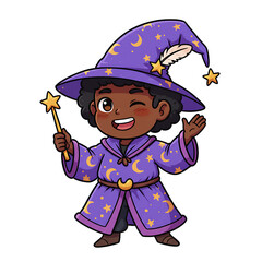 Cute Black Skinned Wizard Cartoon Isolated Blue Background