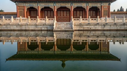 Cultural temple  Reflected in Water concept. Traditional architecture reflected in calm waters, showcasing intricate designs and symmetry.