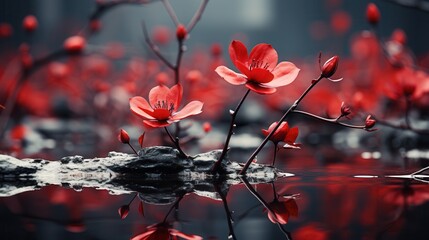Vibrant red flowers bloom gracefully above still waters, creating a serene and tranquil atmosphere.