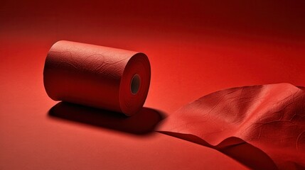 A vibrant red roll of textured paper unrolled against a matching red backdrop, creating an eye-catching monochromatic scene.