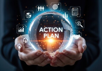 Fototapeta premium Business action plan crystal ball with futuristic icons and glowing lights