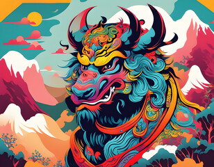 Obraz premium colorful Bai Ze, an ancient mythical beast in China with cool isolated pop art style background