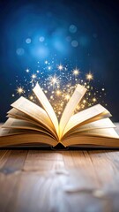 Magical open book with glowing sparkles and blue background