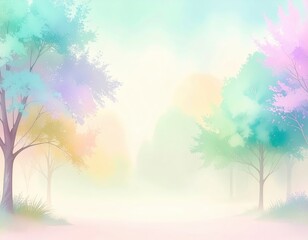 Dreamy pastel forest with soft fog
