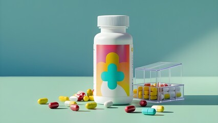 Pills and Medicine in a Bottle on White Background