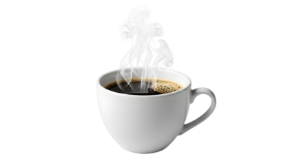 Steaming dark coffee in a white ceramic mug with a simple handle.