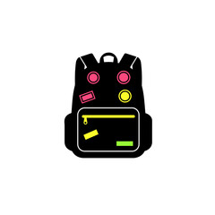 Black backpack with colorful stickers on white background  