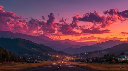 Vibrant sunset over mountain range with runway below.