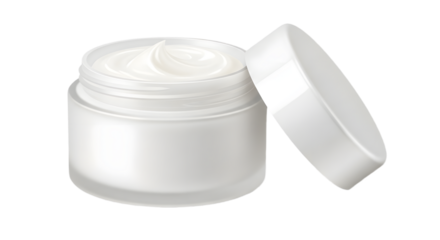 Open frosted glass jar filled with swirling white cream and a separate lid.