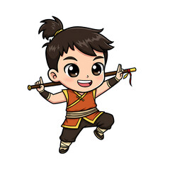 Cute Kung Fighter Cartoon Isolated Blue Background