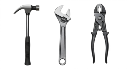 Hammer Adjustable Wrench and Groove Joint Pliers Essential Hand Tools.