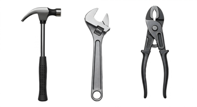 Hammer Adjustable Wrench and Groove Joint Pliers Essential Hand Tools.