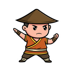 Cute Kung Fighter Cartoon Isolated Blue Background
