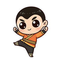 Cute Kung Fighter Cartoon Isolated Blue Background
