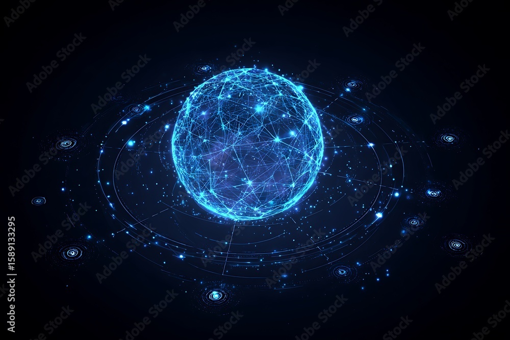 Poster illustration of digital globe with glowing connections representing global network technology concep