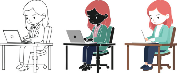 Cartoon businesswoman works at her desk on a laptop in three different styles, including a line drawing, a silhouette, and a fully colored version, showcasing versatility and design options.