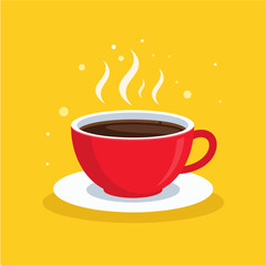Obraz premium A stylized vector illustration of a steaming red coffee cup on a white saucer, set against a vibrant yellow background, ideal for illustrating cafe culture and morning routines.